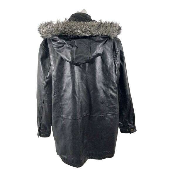 ACCENTS! RICH BLACK GENUINE LEATHER FAUX FUR TRIMMED HOOD PARKA COAT! SZ 1X - Picture 9 of 13